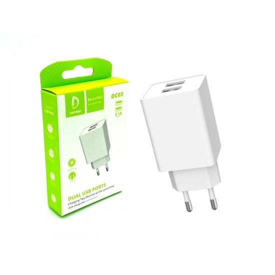 CHARGER ADAPTER DENMEN DC02 DUAL USB PORTS 5V/2.4A WHITE